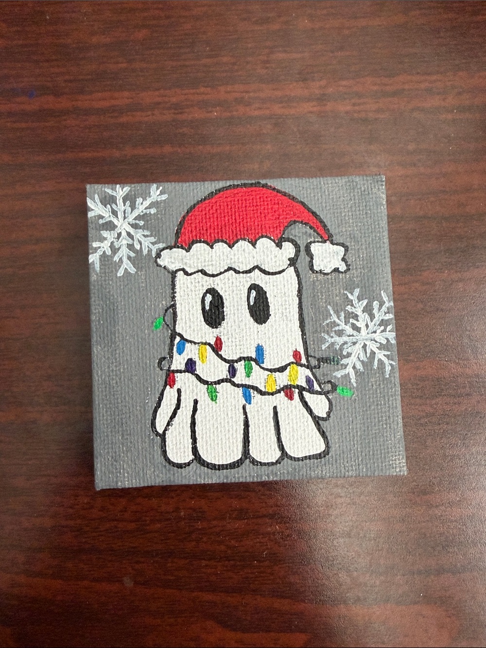 Hand Crafted Ghost Holiday Canvas in Red, White, Gray